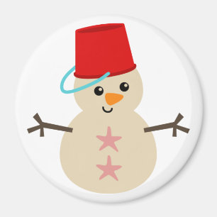 Cute Snowman Made of Sand with Pail for Hat Magnet