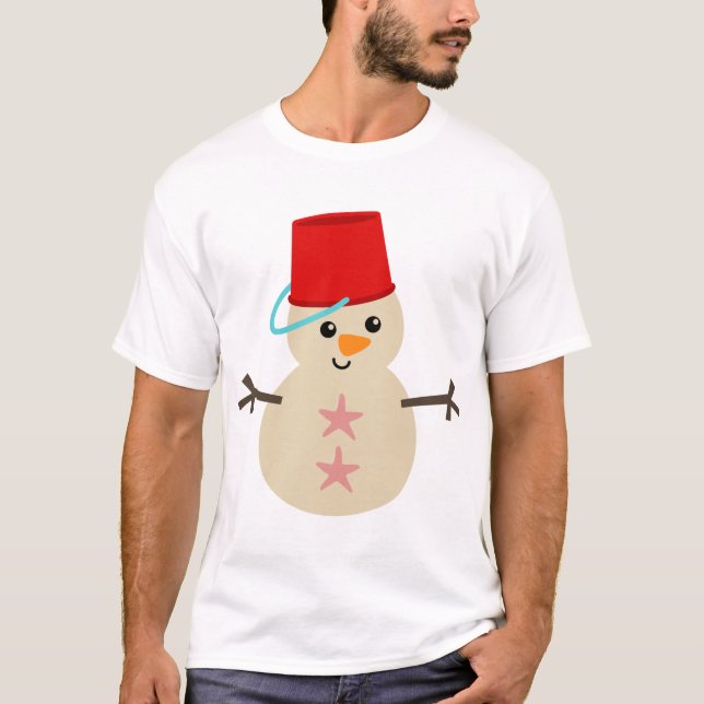 Cute Snowman Made of Sand with Pail for Hat T-Shirt (Front)