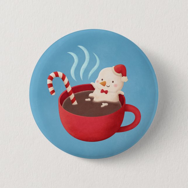 Cute Snowman Marshmallow In Hot Cocoa Christmas 6 Cm Round Badge (Front)