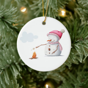 Cute Snowman Marshmallows Winter Ceramic Ornament
