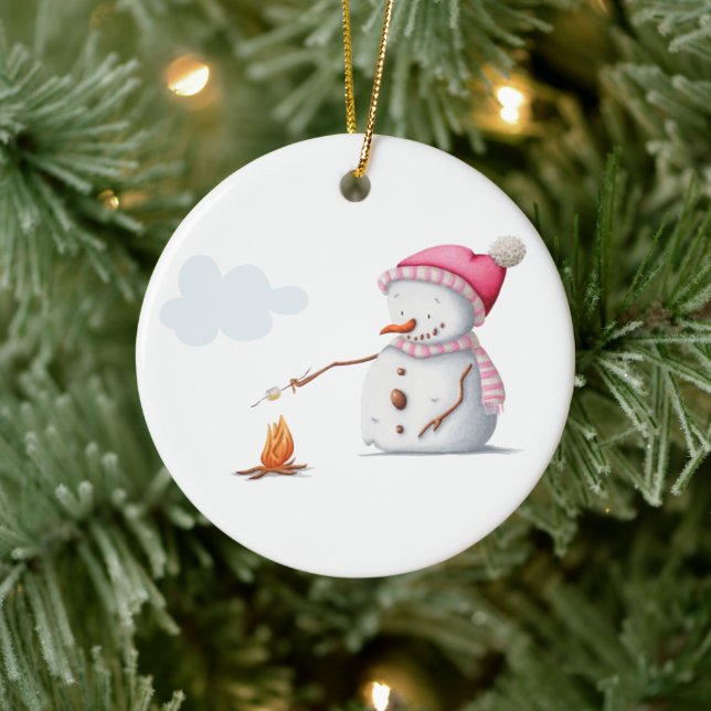 Cute Snowman Marshmallows Winter Ceramic Ornament (Tree)
