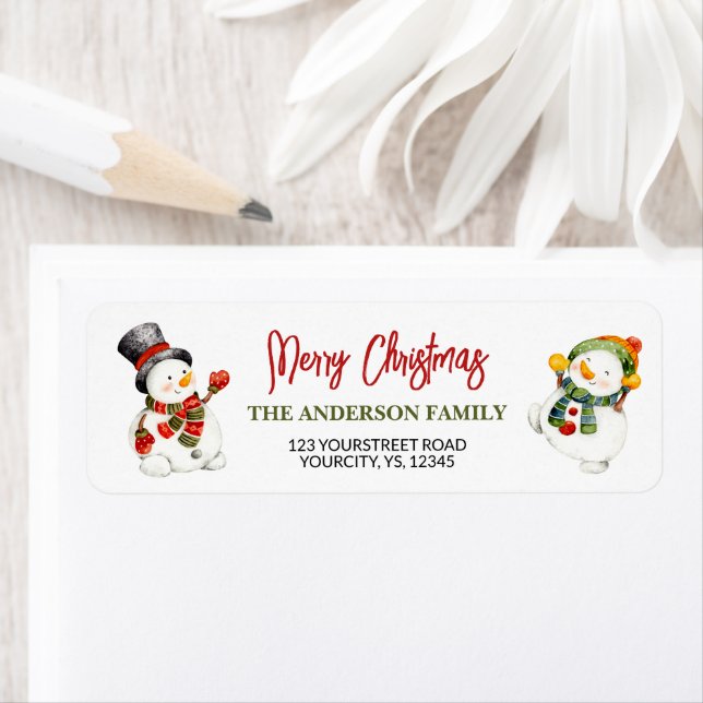 Cute snowman Merry Christmas red green Return Address Label (Insitu)