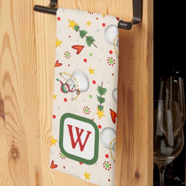 Cute Snowman Monogram Initial Christmas  Tea Towel (Creator Uploaded)
