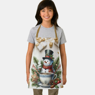 Cute Snowman Nestled In Pine Boughs Hot Chocolate Apron
