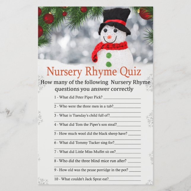 Cute snowman Nursery Rhyme Quiz baby shower game (Front)