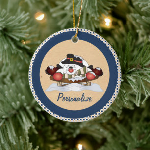 Cute Snowman  on a Sled Blue Ornament