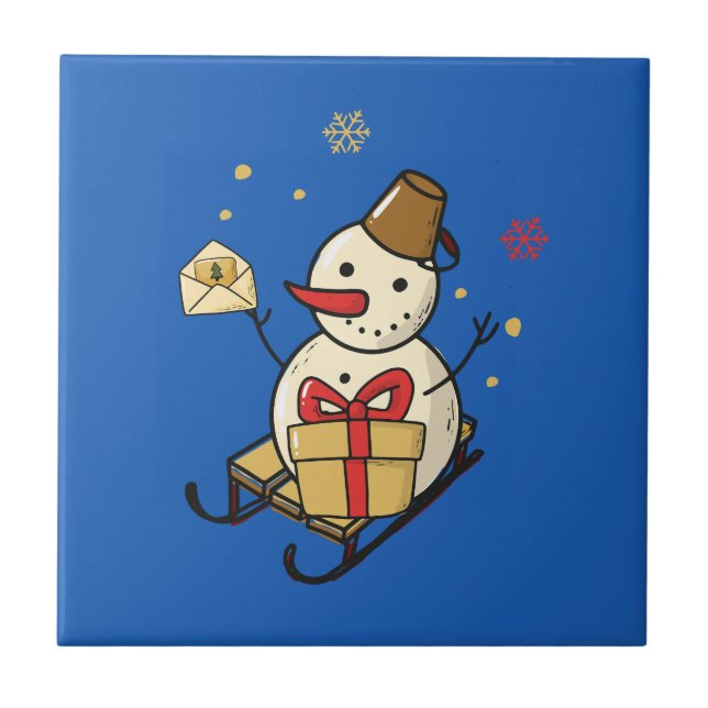 Cute Snowman On A Sled Ceramic Tile (Front)