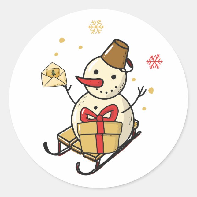 Cute Snowman On A Sled Classic Round Sticker (Front)
