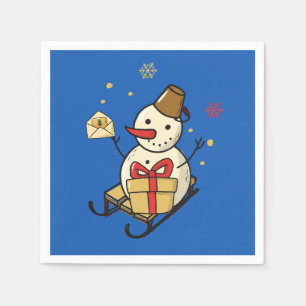 Cute Snowman On A Sled Napkin