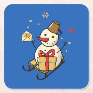 Cute Snowman On A Sled Square Paper Coaster