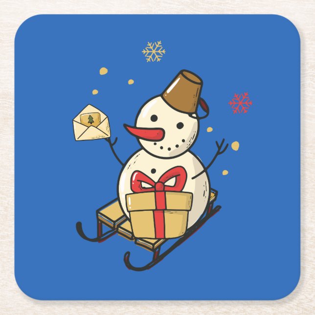 Cute Snowman On A Sled Square Paper Coaster (Front)