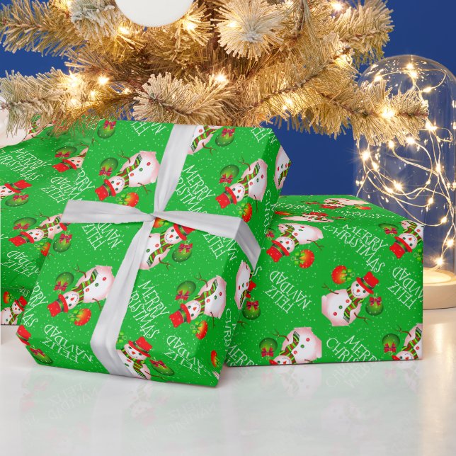 Cute Snowman on Festive GREEN or Your Colour Wrapping Paper (Holidays)