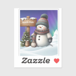 Cute snowman on North Pole with northern lights