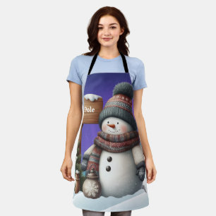 Cute snowman on North Pole with northern lights Apron