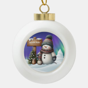 Cute snowman on North Pole with northern lights Ceramic Ball Christmas Ornament