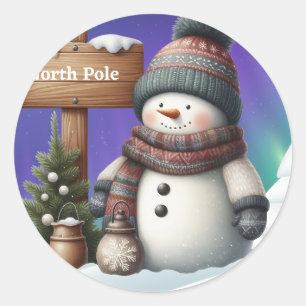 Cute snowman on North Pole with northern lights Classic Round Sticker
