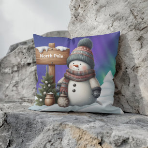 Cute snowman on North Pole with northern lights Cushion