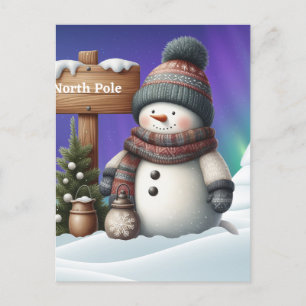 Cute snowman on North Pole with northern lights Holiday Postcard