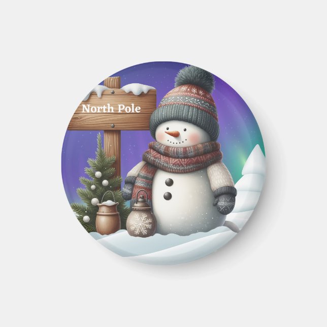 Cute snowman on North Pole with northern lights Magnet (Front)