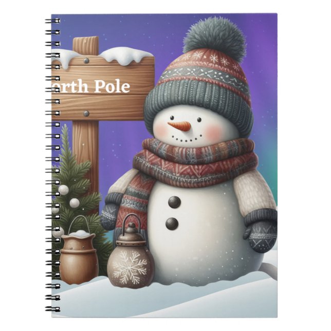 Cute snowman on North Pole with northern lights Notebook (Front)