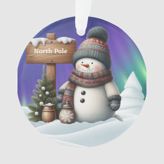 Cute snowman on North Pole with northern lights Ornament (Front)