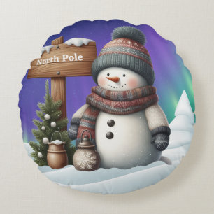 Cute snowman on North Pole with northern lights Round Cushion