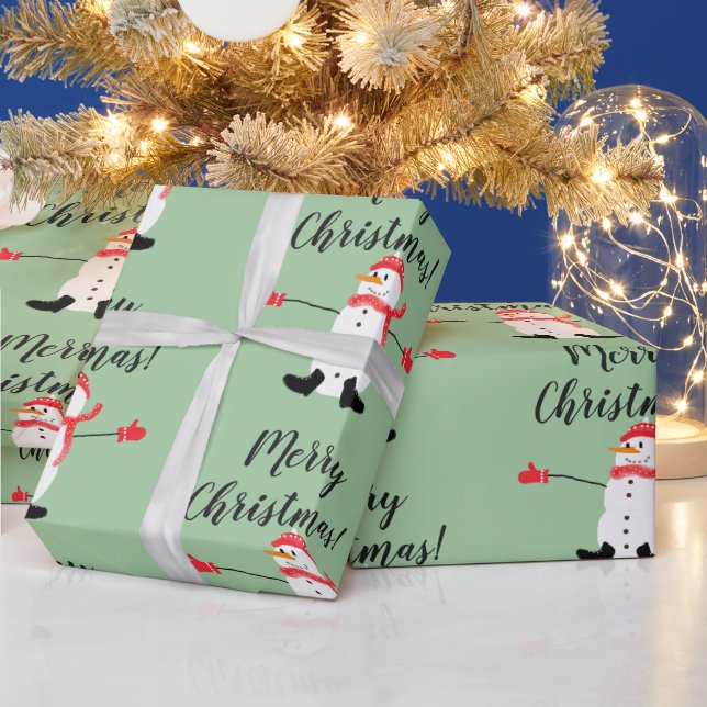 Cute Snowman on Sage Green Merry Christmas Wrapping Paper (Holidays)