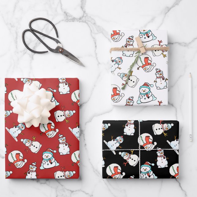 Cute Snowman Pattern - Black, White And Red Wrapping Paper Sheet (Front)