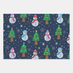 Cute Snowman pattern with Christmas trees  Wrapping Paper Sheet