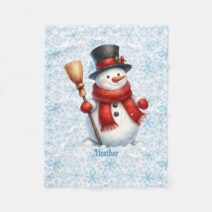 Cute Snowman Personalise Name Christmas Fleece Blanket