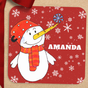 Cute Snowman Personalised Kids Christmas Square Sticker