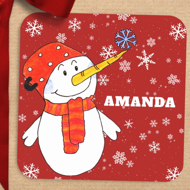 Cute Snowman Personalised Kids Christmas  Square Sticker (Creator Uploaded)
