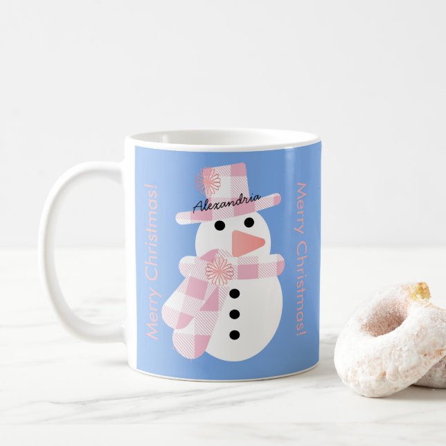 Cute Snowman Personalised Merry Christmas Coffee Mug (With Donut)