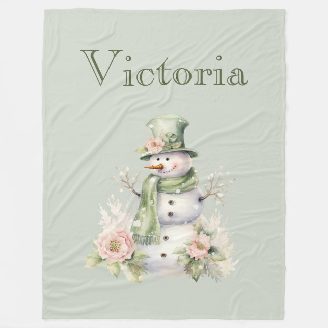 Cute Snowman Personalised Modern Green  Fleece Blanket (Front)