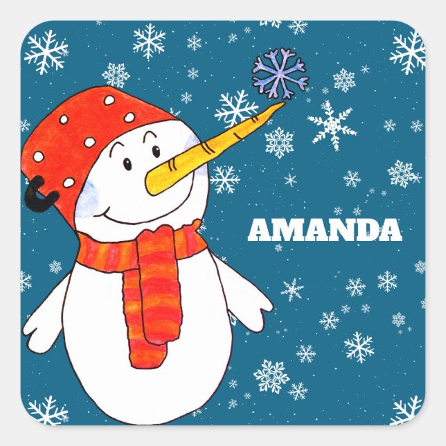 Cute Snowman Personalizable Kids Christmas Square Sticker (Front)