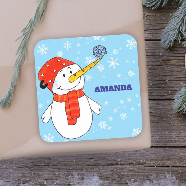 Cute Snowman Personalizable Kids Christmas Square Sticker (Creator Uploaded)