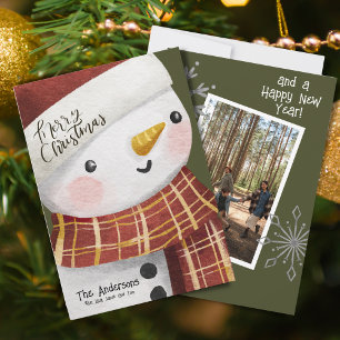 Cute Snowman Photo Snowflakes Merry Christmas Holiday Card