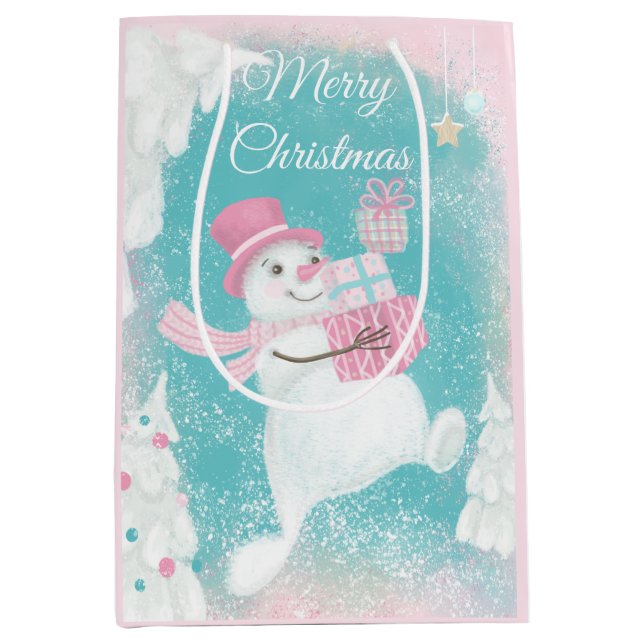 Cute Snowman Pink and Mint Christmas Medium Gift Bag (Front)