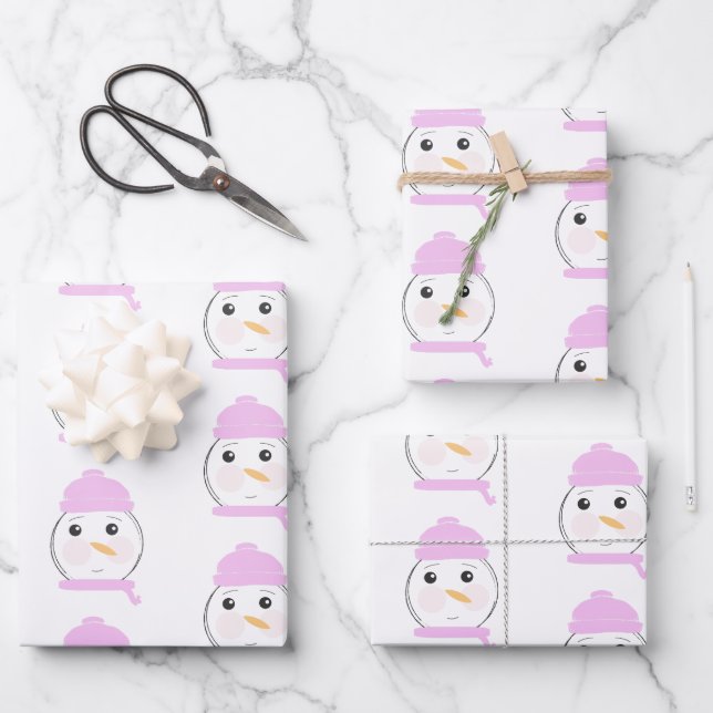 Cute Snowman Pink Christmas Party Wrapping Paper Sheet (Front)