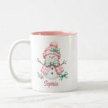 Cute Snowman Pink Green Personalised Mug<br><div class="desc">A cute snowman (or snowlady) dressed in a pink and white gingham chequered coat and hat with green and white checked coquette bows. There is a space below the design to personalise with your name! This would make a great Christmas gift.</div>