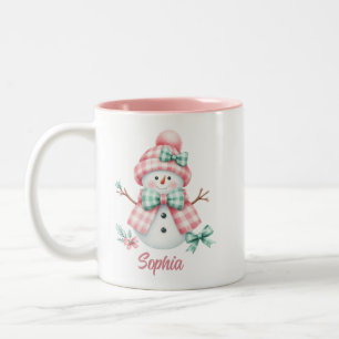Cute Snowman Pink Green Personalised Mug