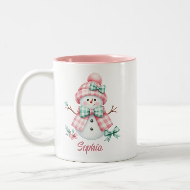 Cute Snowman Pink Green Personalised Mug (Left)
