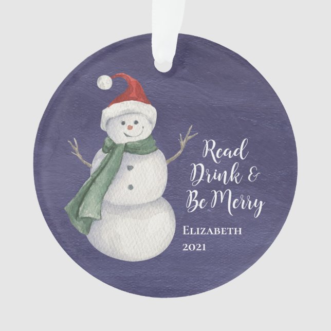 Cute Snowman Reading Book Club Monogrammed  Ornament (Front)