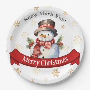 Cute Snowman Red & Gold Christmas Party Paper Plate