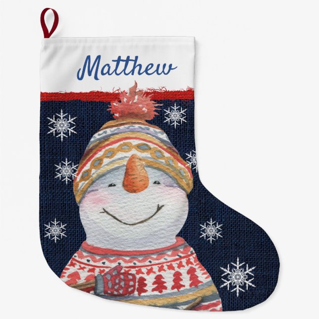 Cute Snowman Red Green Sweater Hat Snowflakes Name Large Christmas Stocking (Front)