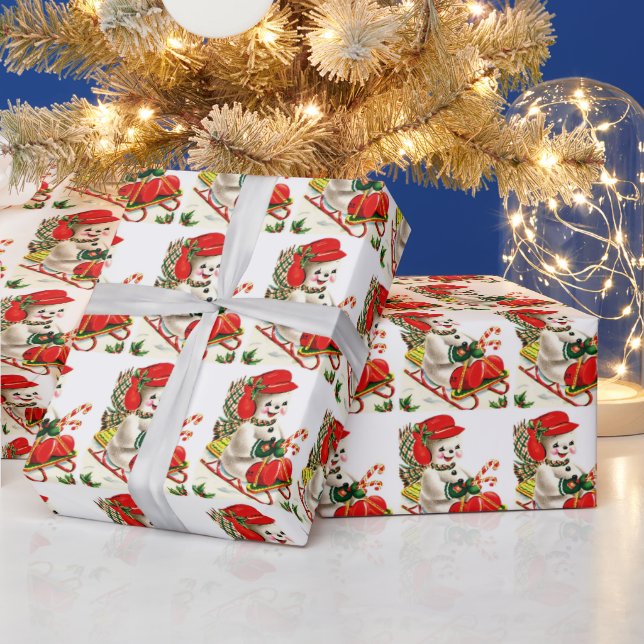 Cute Snowman Red Hat Green Mittens on Sleigh Wrapping Paper (Holidays)