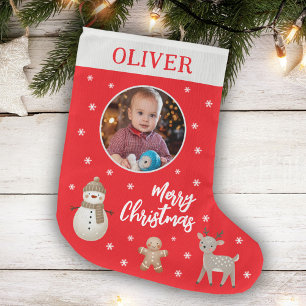 Cute Snowman Reindeer Gingerbread Snowflake Photo Large Christmas Stocking