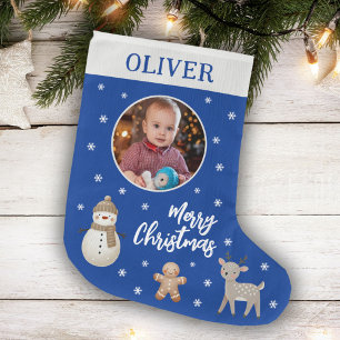 Cute Snowman Reindeer Gingerbread Snowflake Photo  Large Christmas Stocking