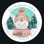 Cute Snowman Return Name Address Teal Christmas Classic Round Sticker<br><div class="desc">Add some colourful festive cuteness to your Holiday mailings with this charming snowman and snow covered forest watercolor illustration within a circular shape,  with your name curved above and your return address curved below.   All the text can be easily personalised.</div>