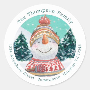Cute Snowman Return Name Address Teal Christmas Classic Round Sticker